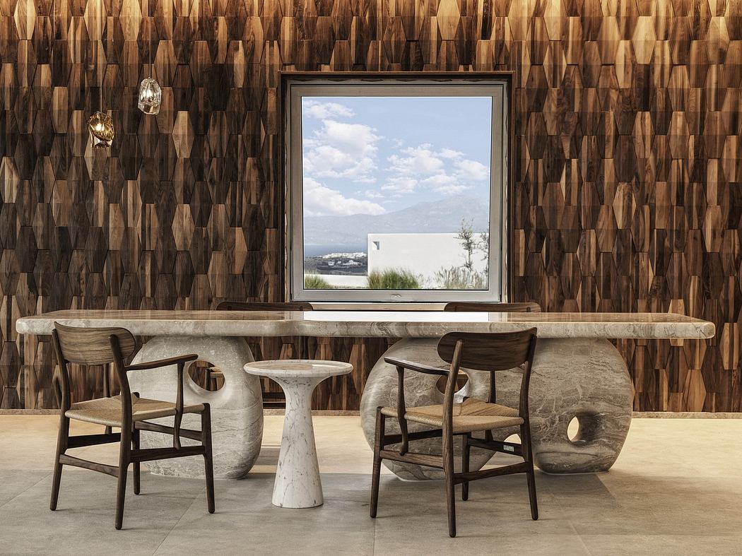 Rustic modern dining area with textured wood walls, marble table, and mid-century chairs.