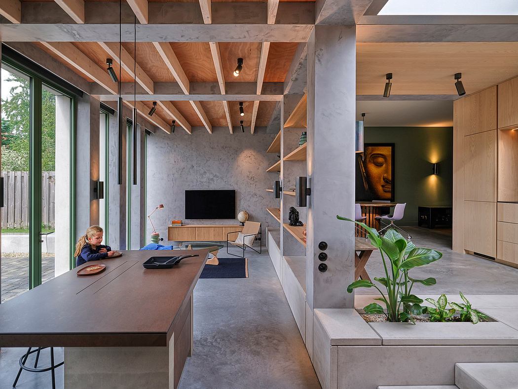 A modern, open-concept living space with wooden beams, concrete walls, and large windows.