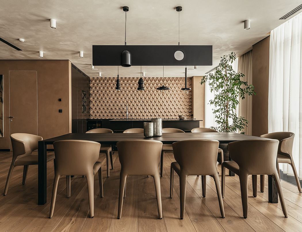 Modern dining room with sleek black accents, geometric patterned backsplash, and lush potted plant.