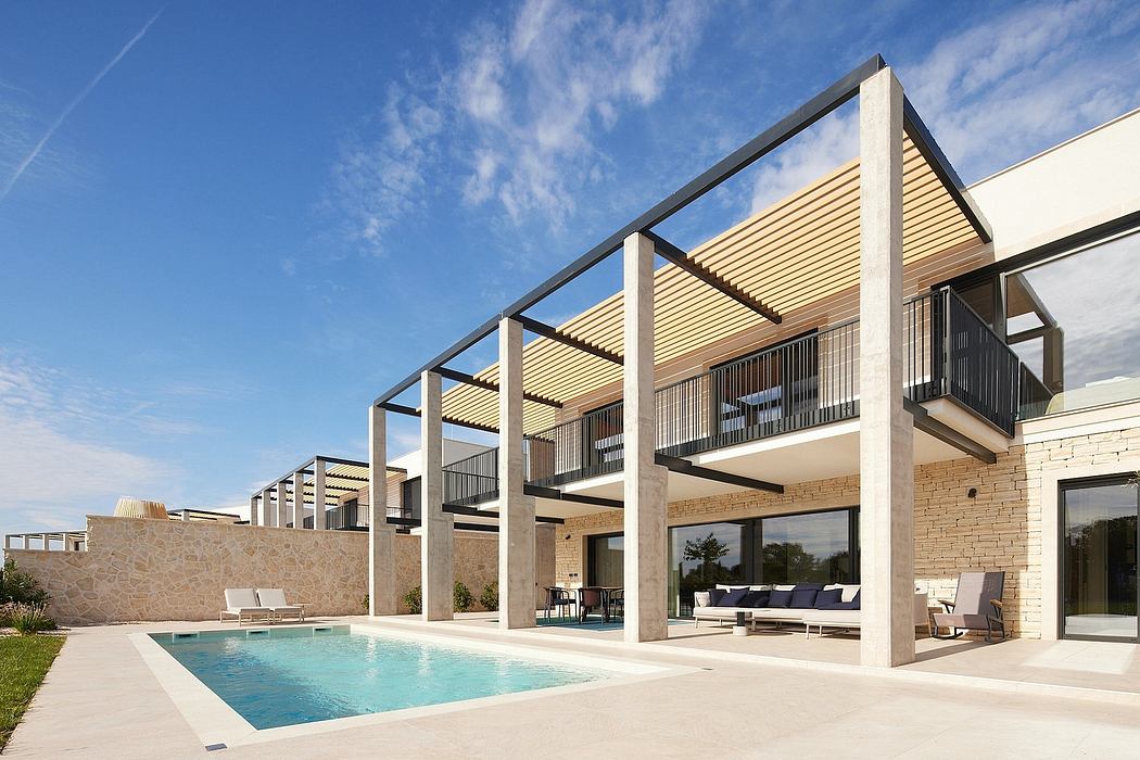 Architectural design featuring a modern structure with a pool, balcony, and stone facade.