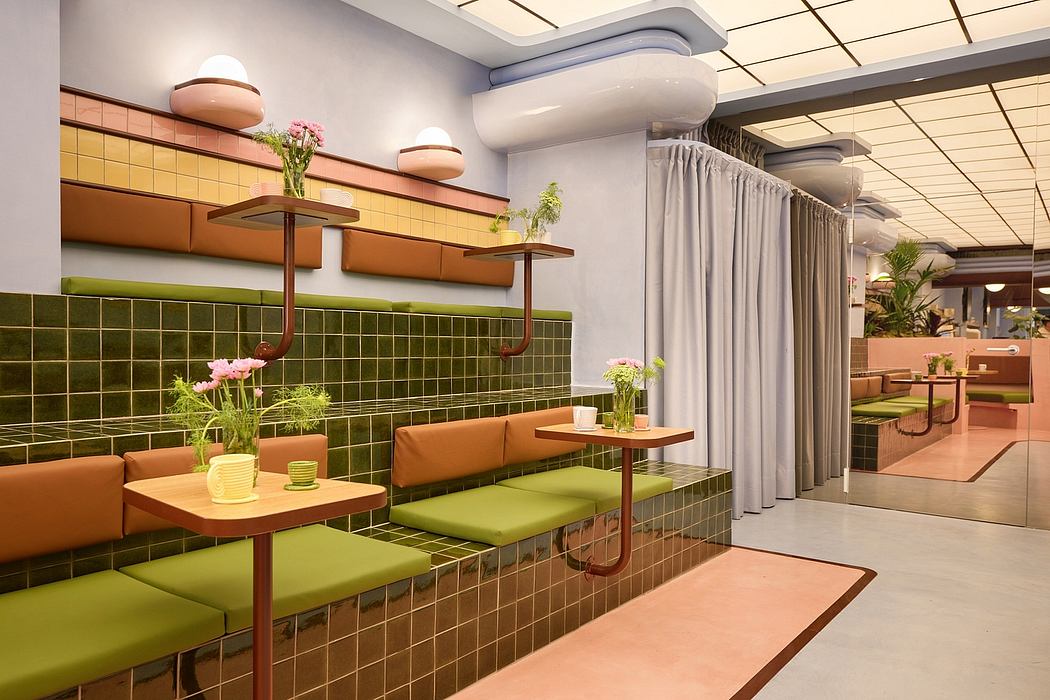 Vibrant retro-inspired café design with tiled walls, wood furniture, and pastel accents.