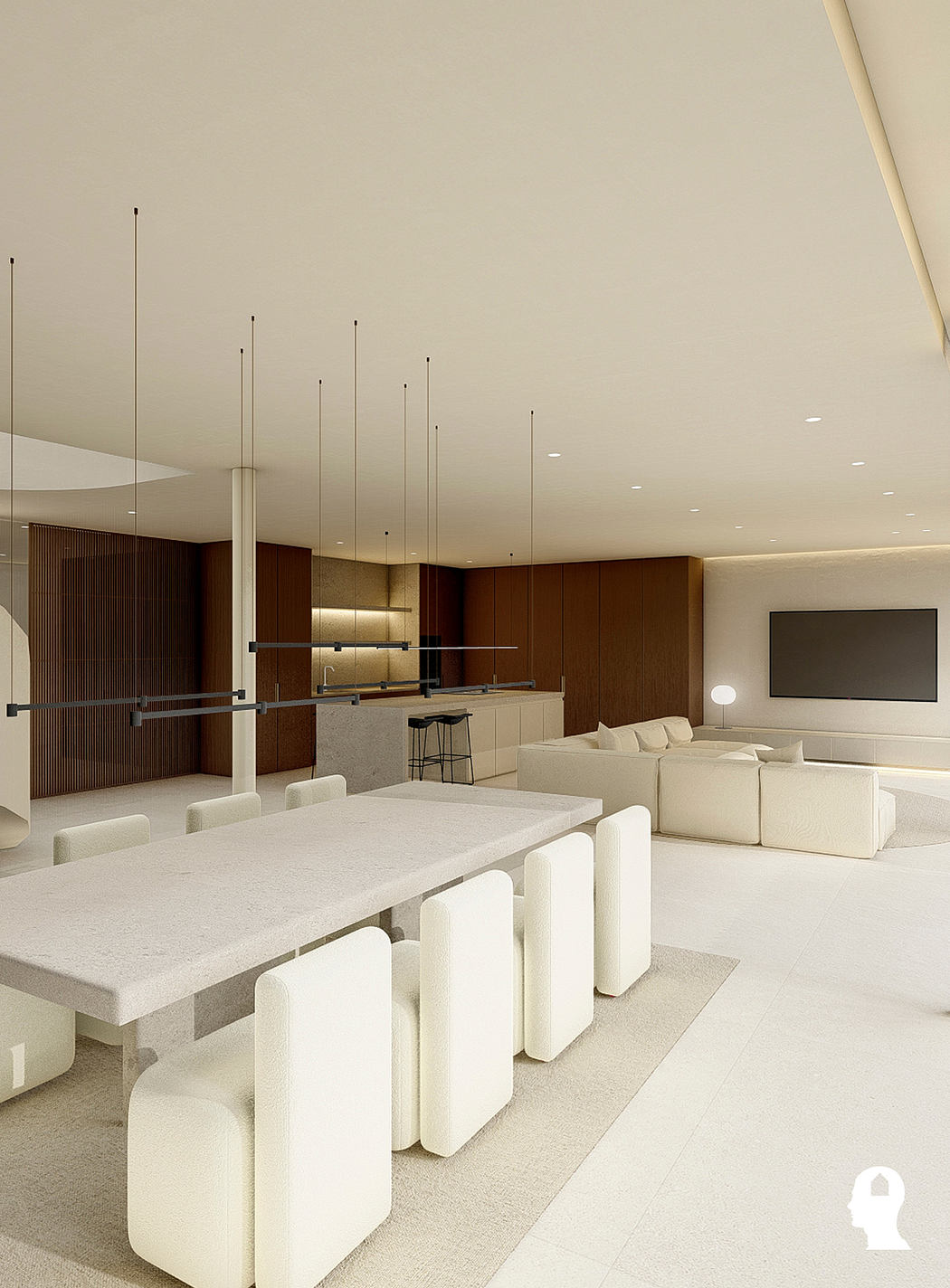 Sleek, modern kitchen with minimalist white dining table and brown wood cabinetry.