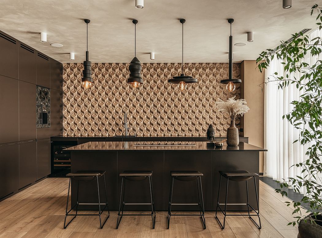 A modern kitchen with a geometric patterned backsplash, black cabinetry, and pendant lighting.