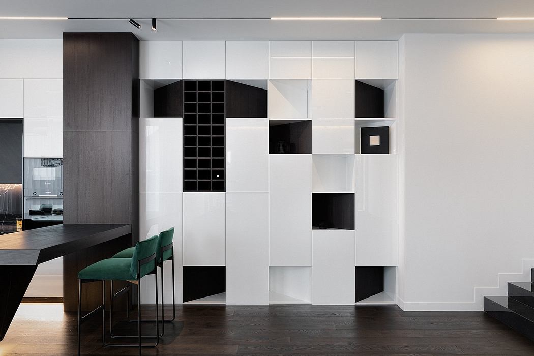Sleek, geometric cabinetry and shelving in a modern, minimalist kitchen design.