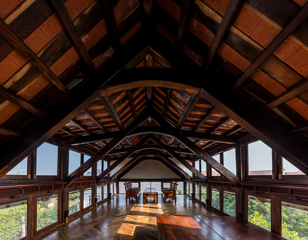 Ornate wooden beams and trusses form the striking architectural framework of this interior.