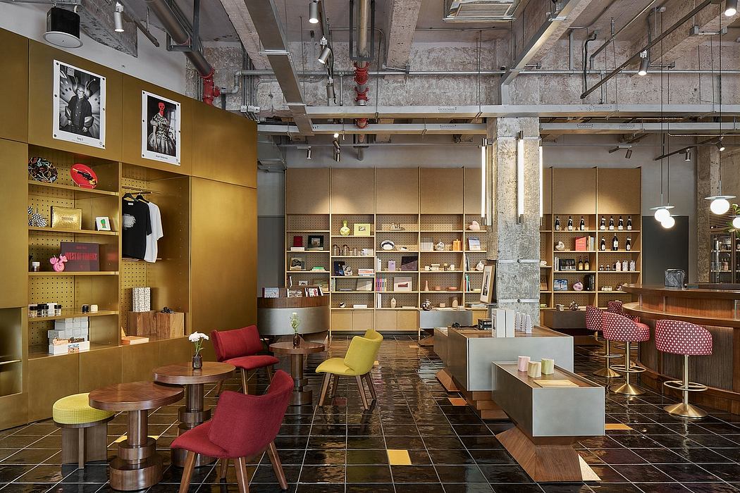 Rustic industrial-style café with warm lighting, exposed brick walls, and eclectic decor.