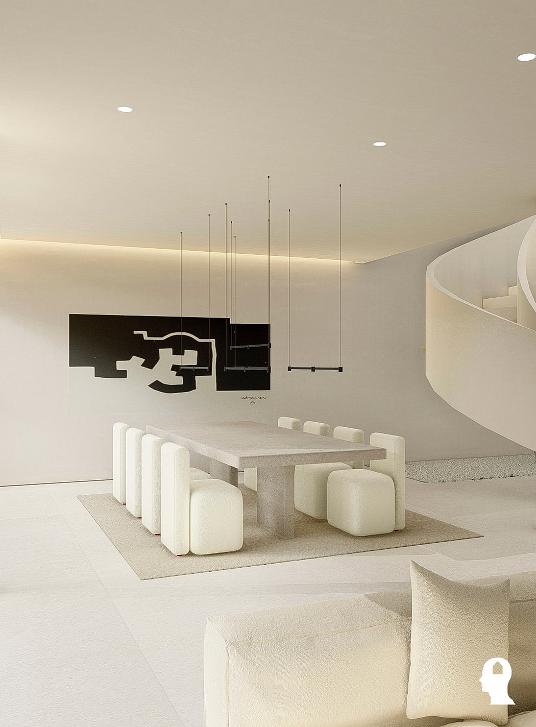 A minimalist dining area with a concrete table, white poufs, and a bold abstract artwork on the wall.