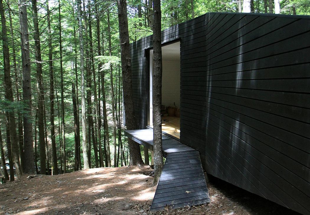 A modern, minimalist cabin nestled in a lush forest, with clean lines and a wooden walkway leading to the entrance.