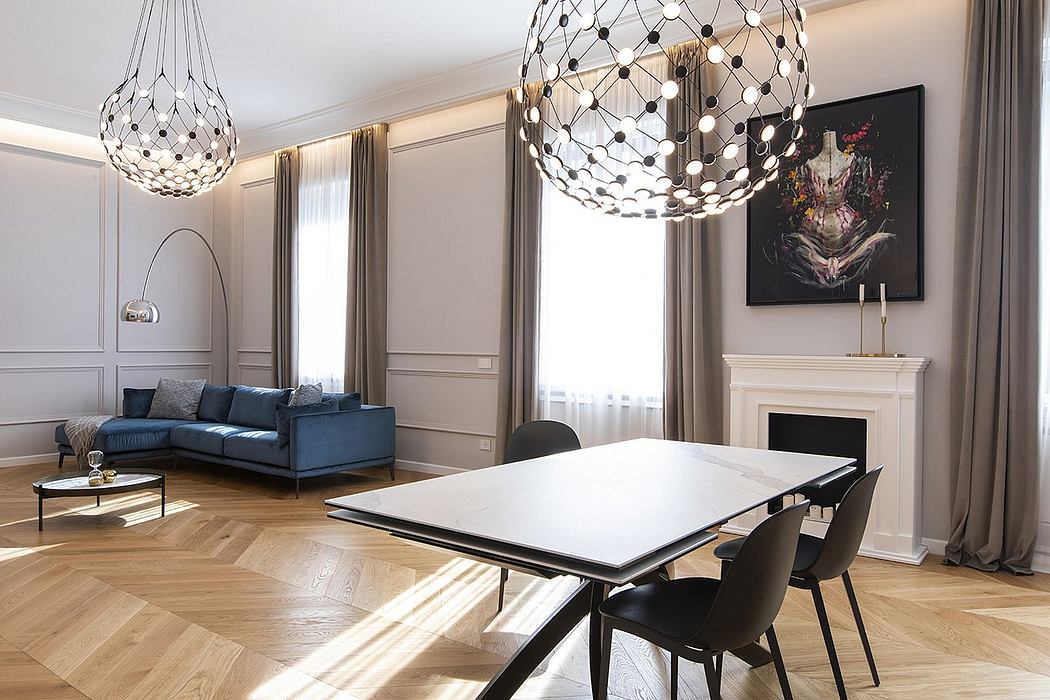 Elegant modern interior with sleek lighting fixtures, patterned curtains, and wood floors.