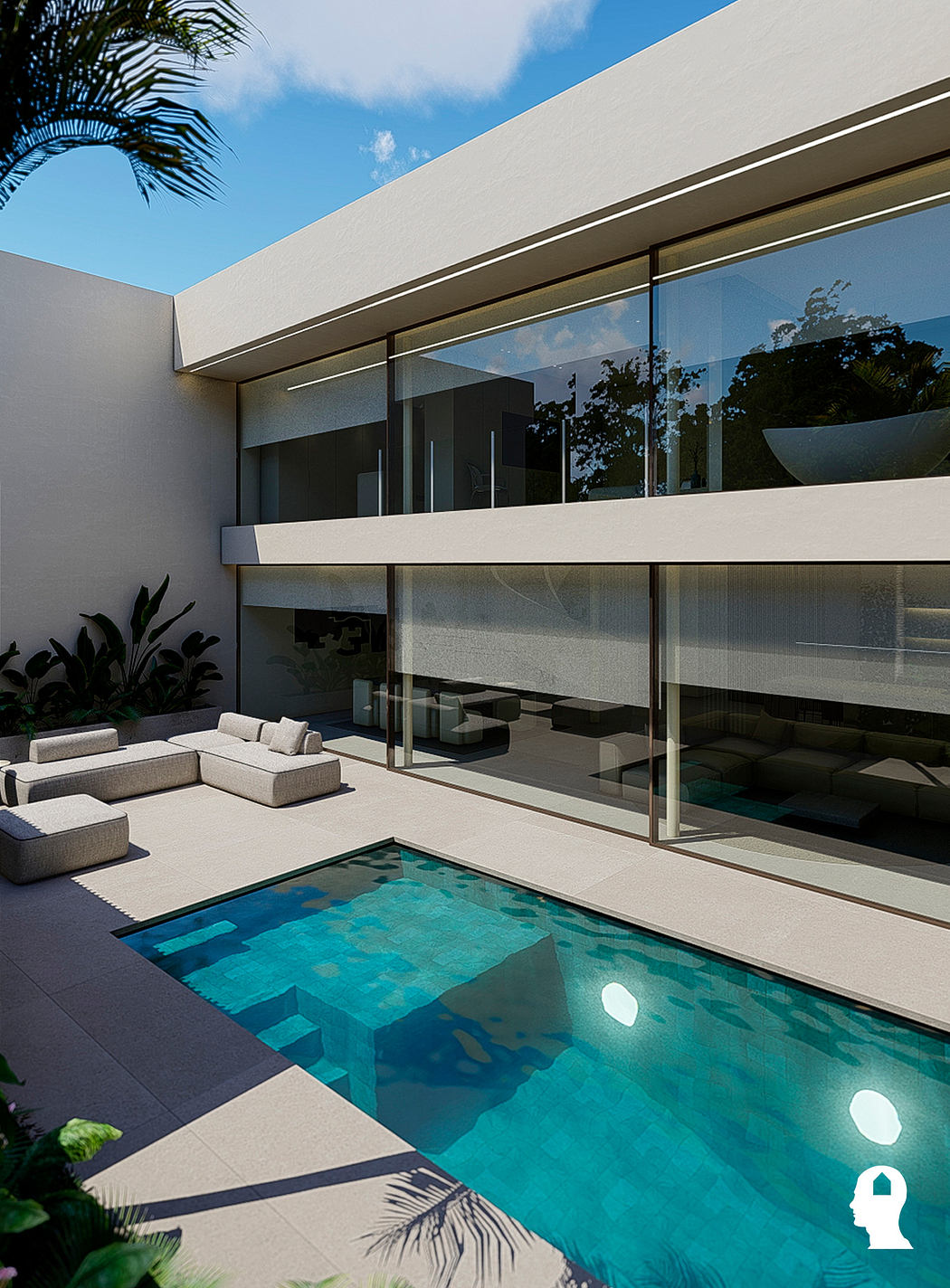 Sleek modern patio with glass walls, pool, and plush outdoor seating.