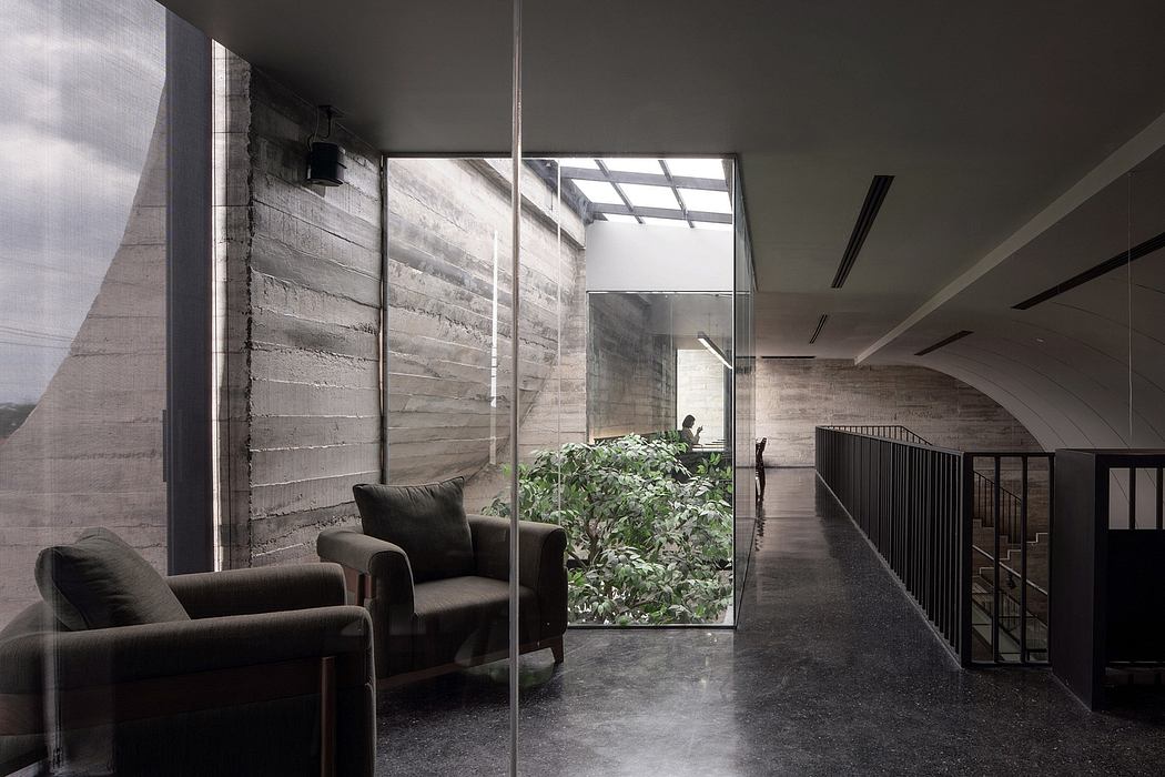 Minimalist interior with concrete walls, glass panels, and a lush indoor plant.