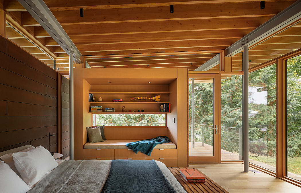 Elegant wooden beams and floor-to-ceiling windows create a cozy, nature-inspired retreat.