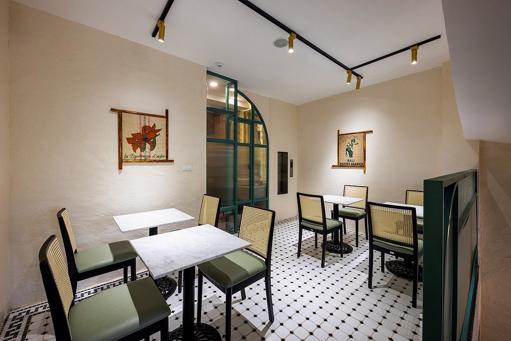 Elegant interior with geometric tile floor, arched windows, and modern furniture.