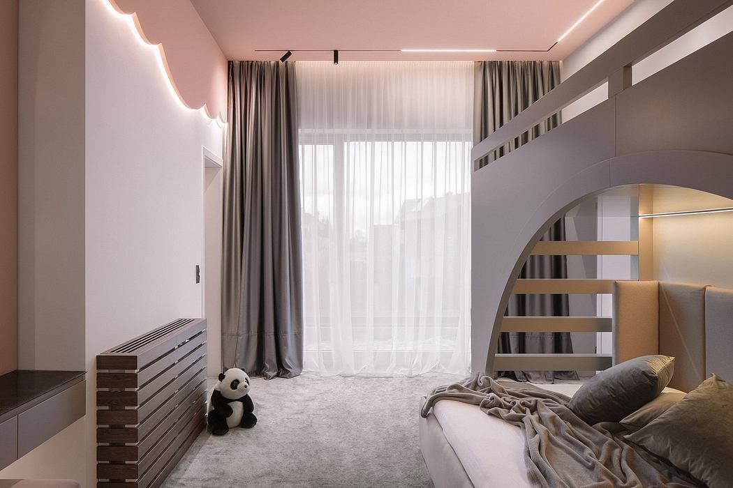 Elegant modern bedroom with clean lines, warm lighting, and a cozy seating area.