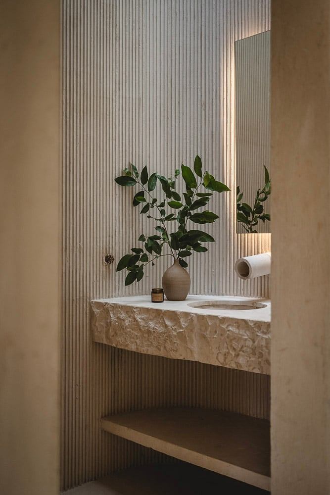 Corner vanity with natural stone top and plant decoration, set against a textured wall.