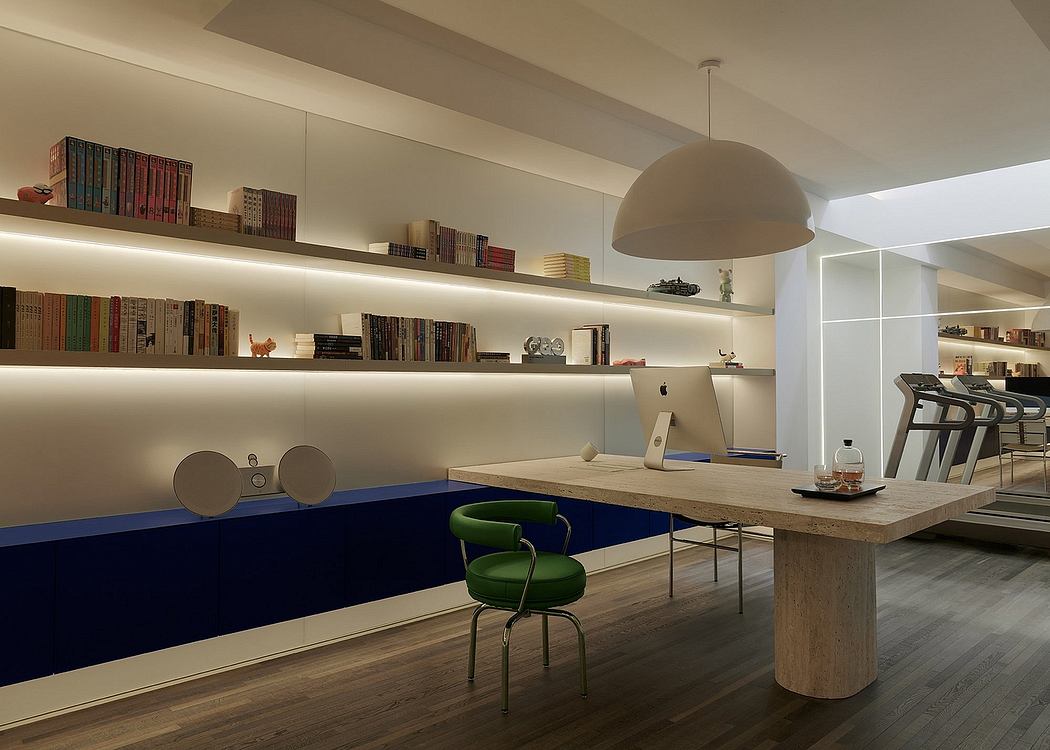 A modern, minimalist home office with warm lighting, wooden shelving, and a sleek desk.