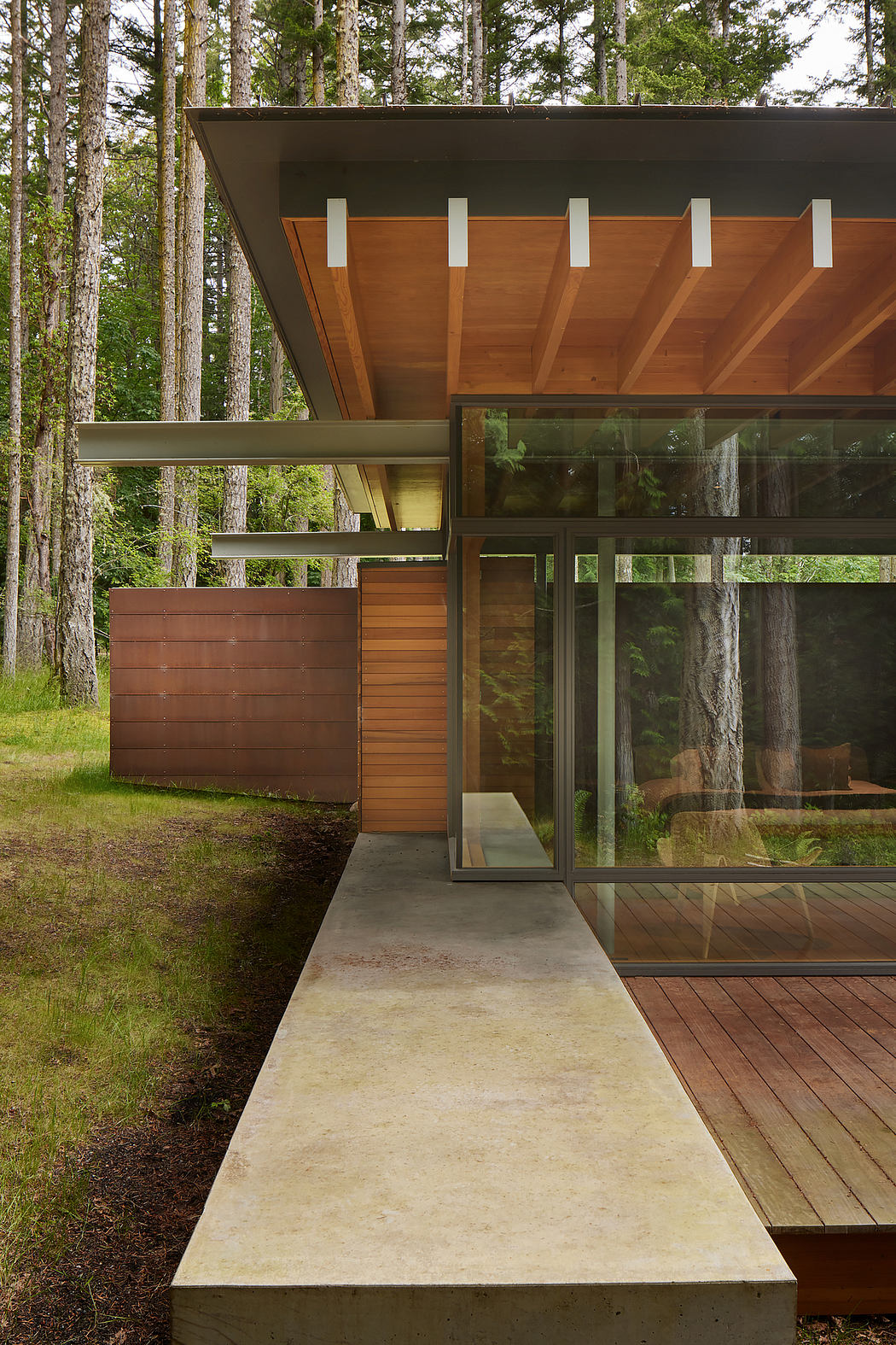 A modern, wooden cabin surrounded by a lush, forested landscape, with a glass facade and a concrete walkway leading to the entrance.