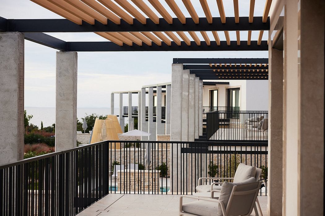 Wooden beams, concrete columns, and metal railings create a modern architectural design.