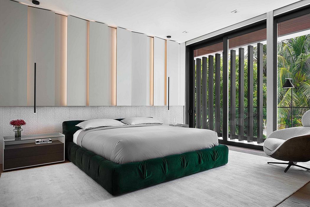 Minimalist bedroom with floor-to-ceiling windows, wood panels, and green velvet bed.