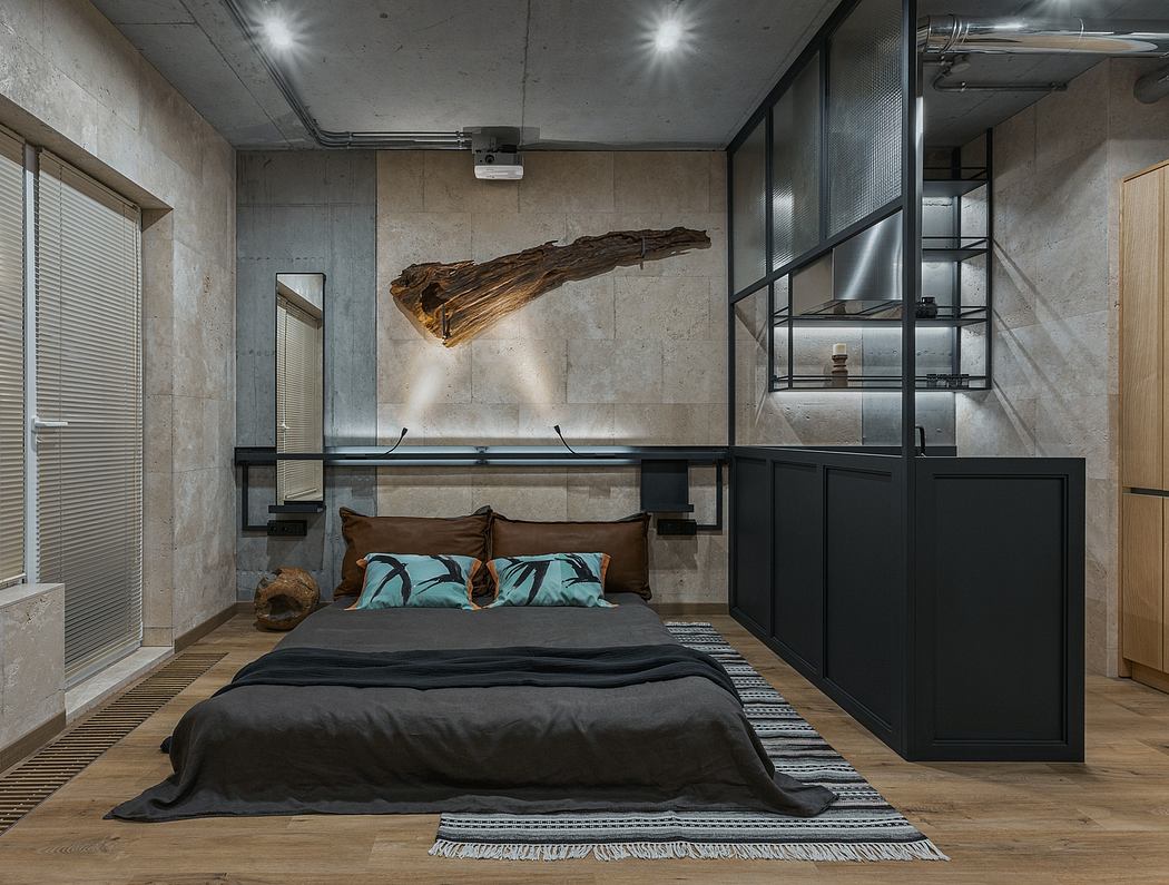 Stylish loft-style bedroom with exposed concrete walls, wooden log decor, and metal shelving.
