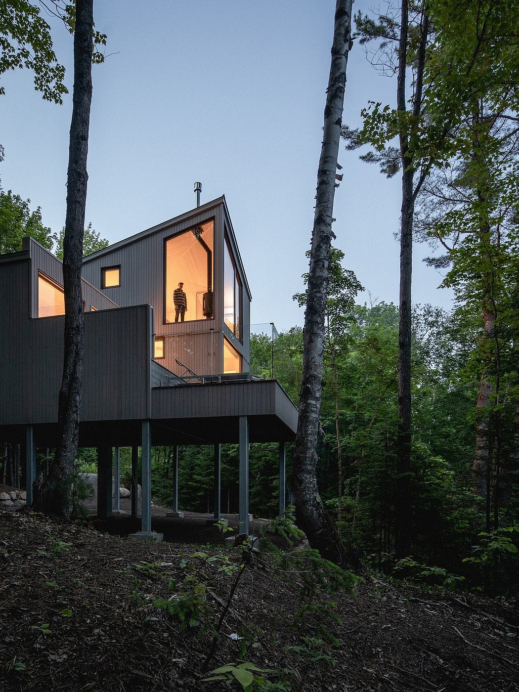 A modern cabin-style house atop a forested hillside, with large windows and a wraparound balcony.