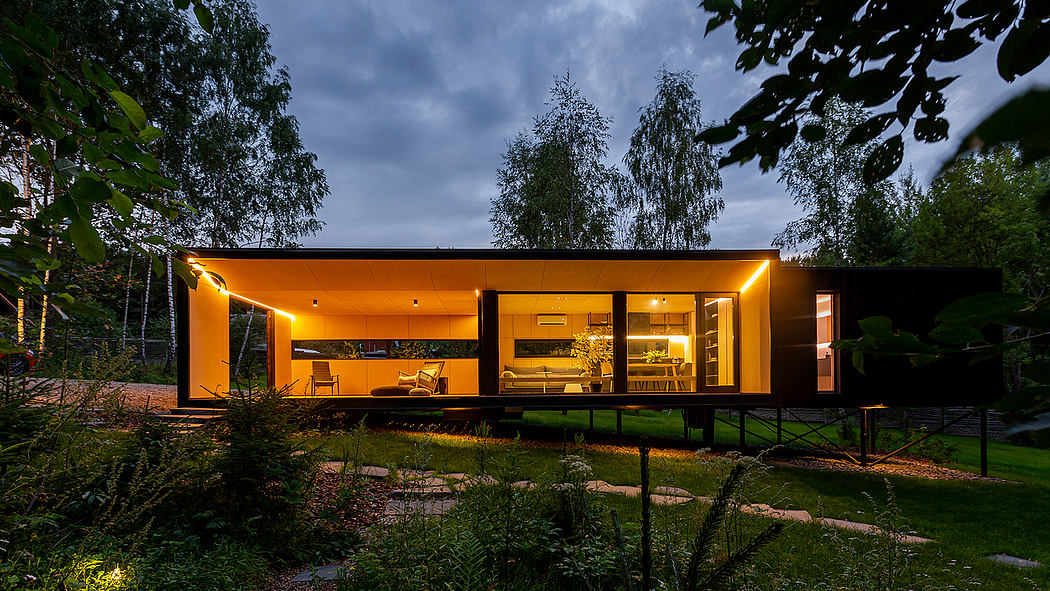 Striking modern architectural design with warm lighting and nature-inspired elements.