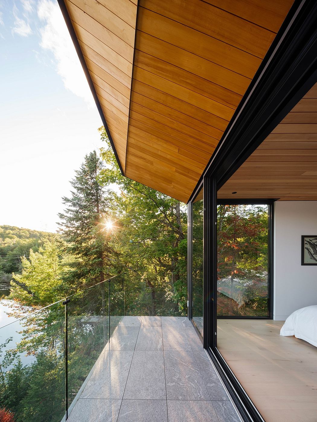Stunning modern architecture with wooden ceiling, glass walls, and scenic forest view.