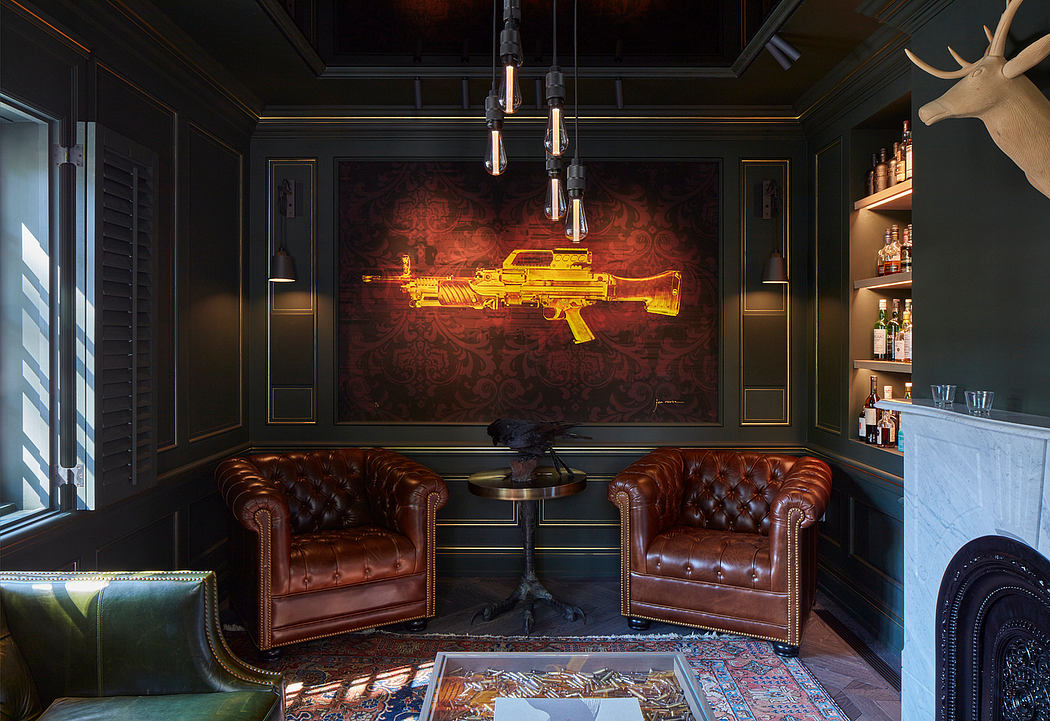 Lavish dark-toned lounge with ornate wall art, leather chairs, and antique decor.