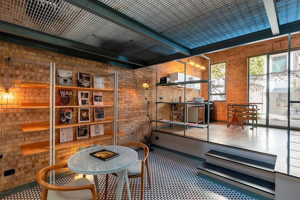 Brick walls, industrial-style shelves, and patterned tile floors create a unique, cozy atmosphere.
