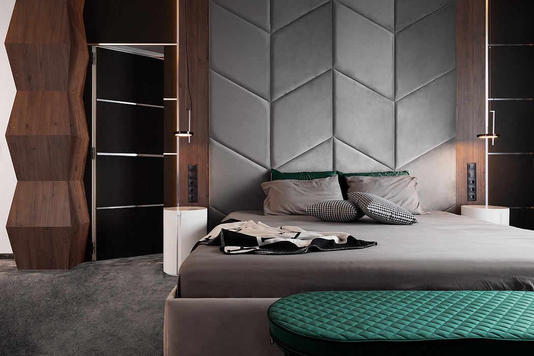 Sleek, contemporary bedroom design featuring geometric wall panels and wooden accents.