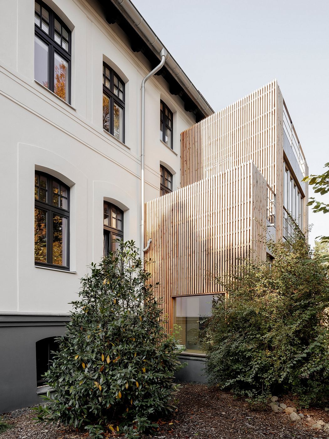 Architectural facade with wooden slatted panel, contrasting with traditional windows.