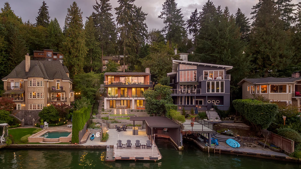 Picturesque lakeside houses with diverse architectural styles and outdoor amenities.