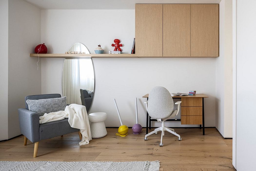 Minimalist home office with neutral color palette, wood accents, and modern furnishings.