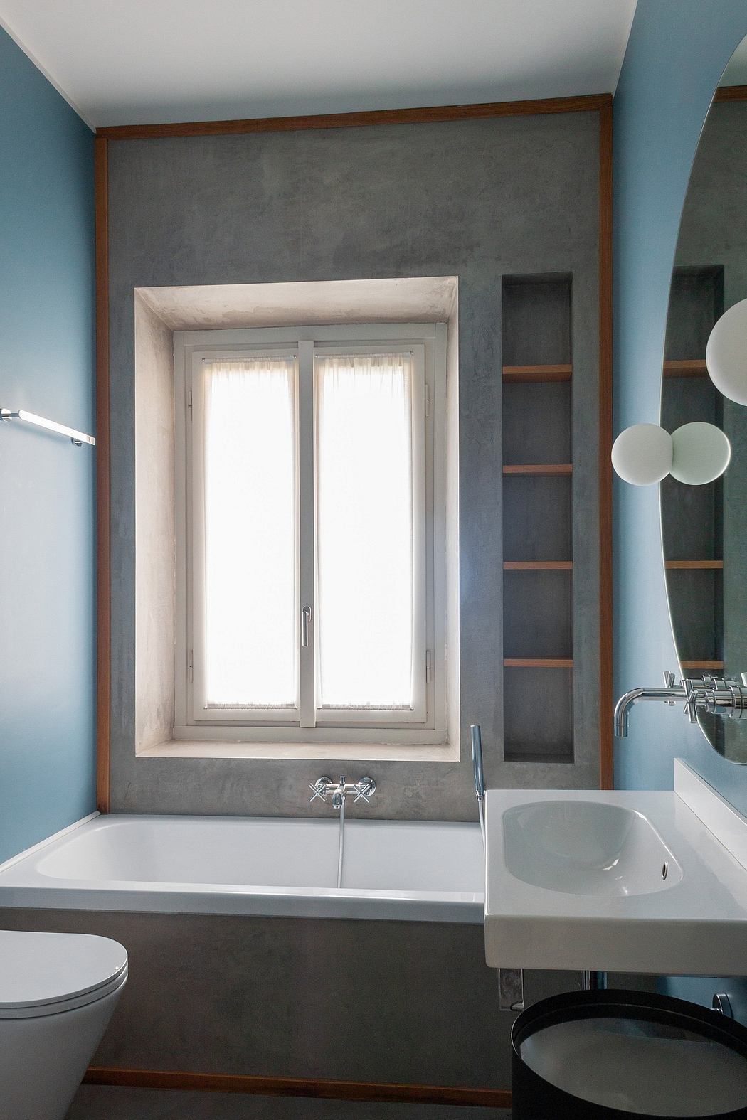 A modern bathroom with a large window, clean lines, and minimalist design elements.
