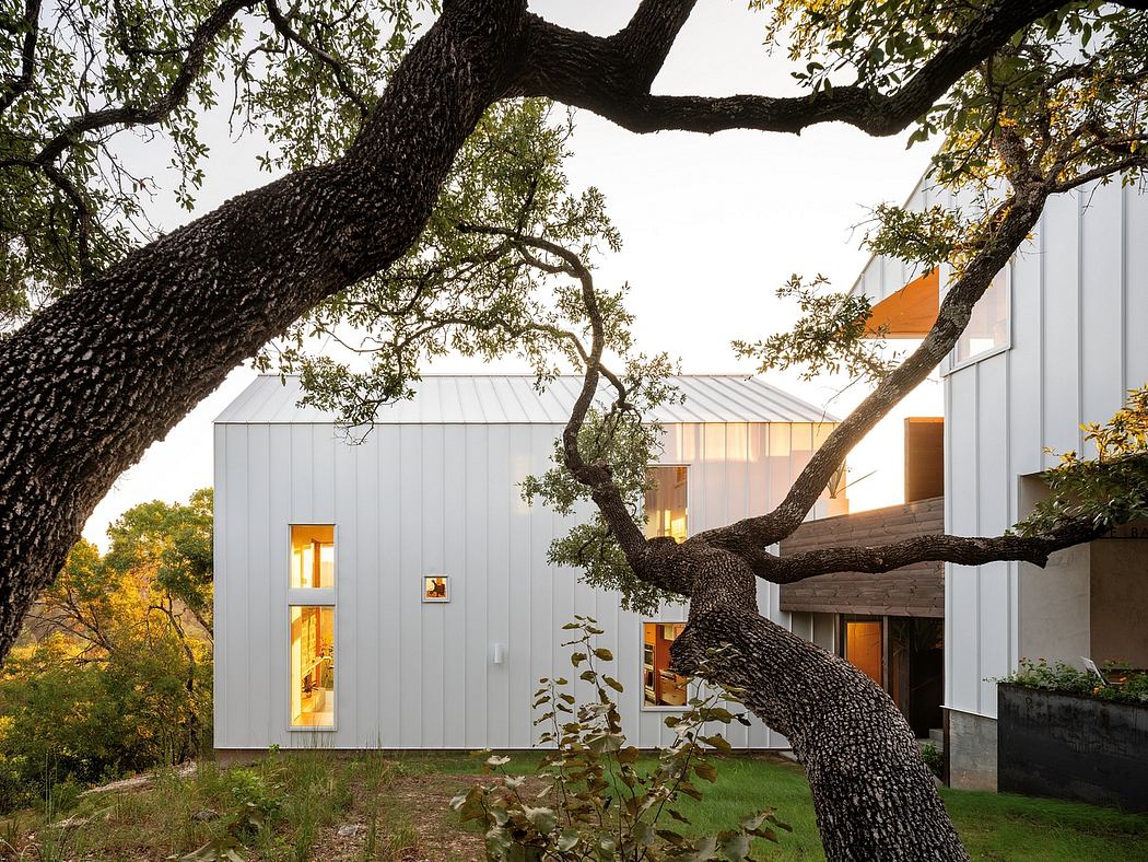 A modern white home nestled among the trees, with large windows and an inviting porch.