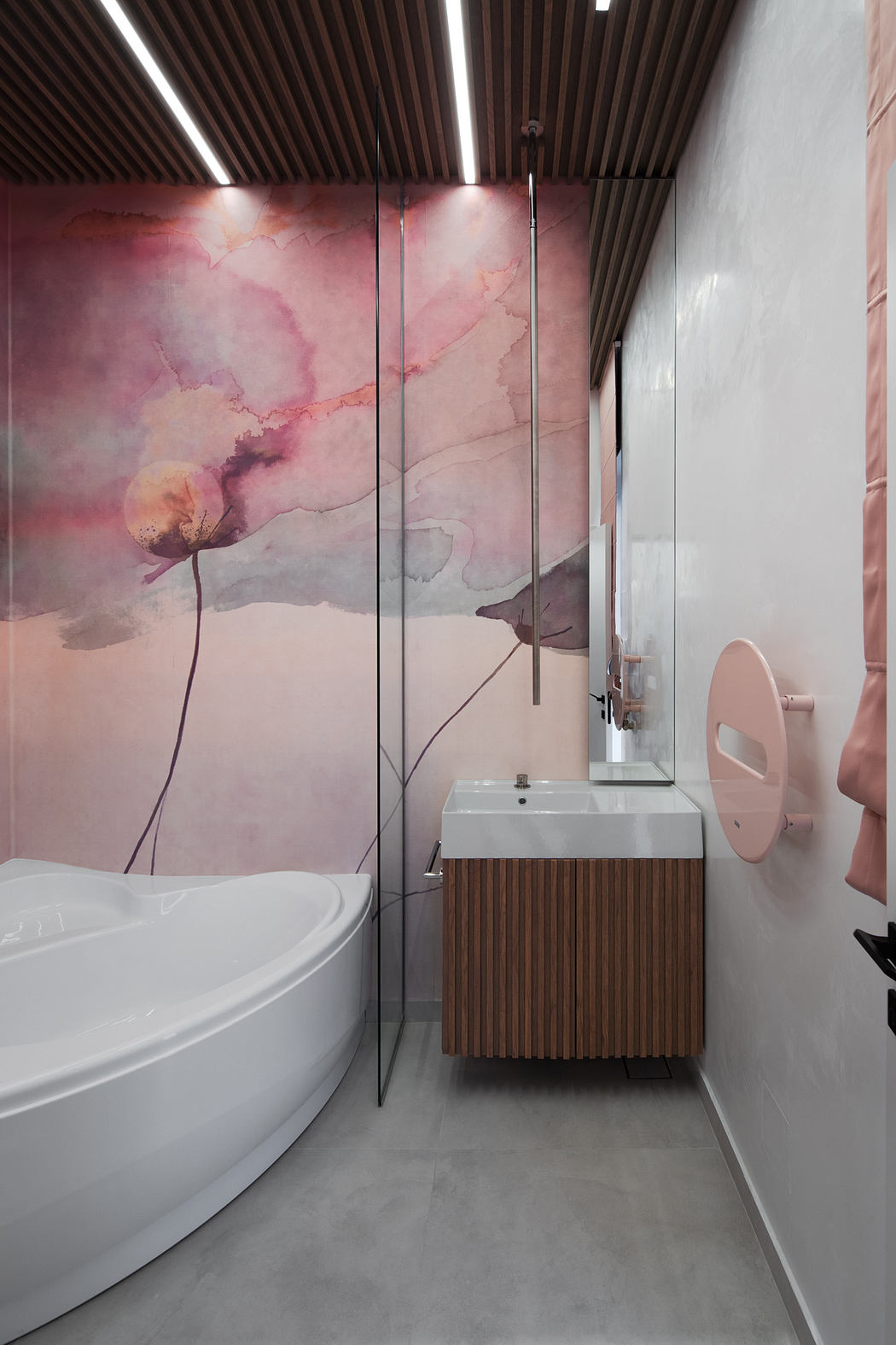 A contemporary bathroom design featuring a large floral mural, wood-paneled vanity, and minimalist fixtures.