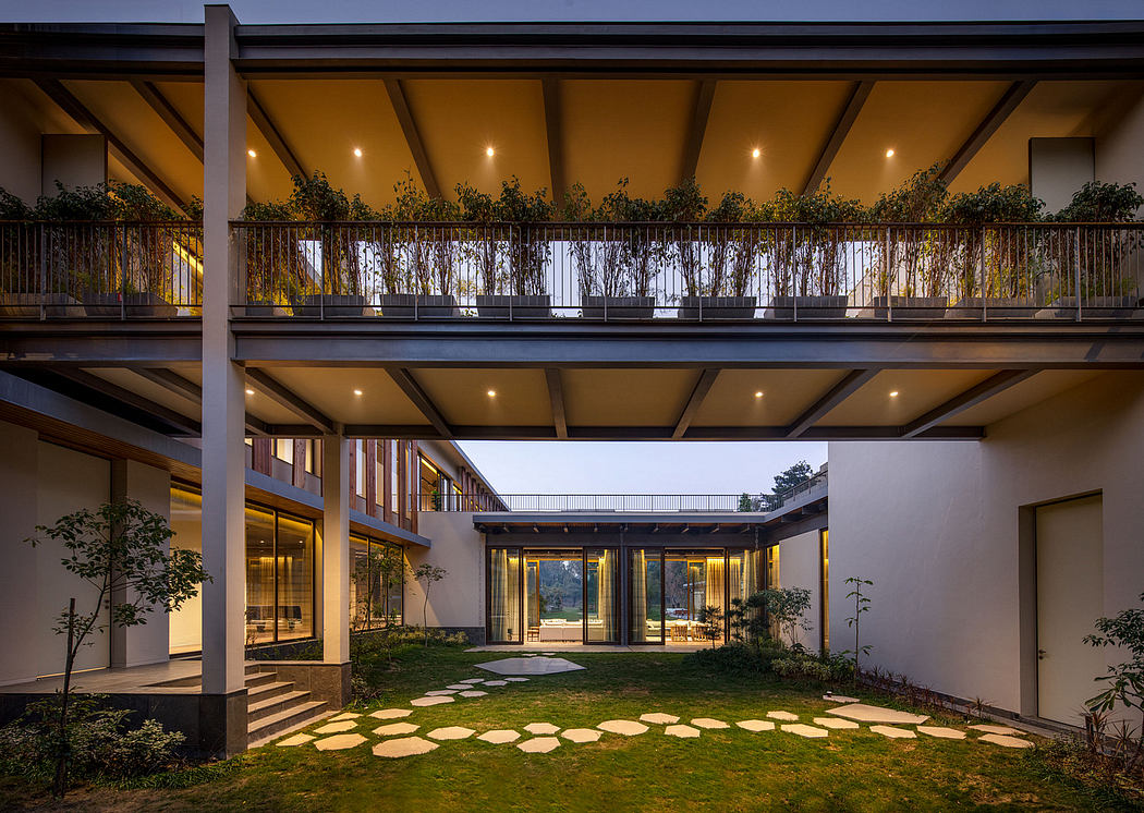 Architectural elements like balconies, beams, and floor tiles create an inviting indoor-outdoor space.
