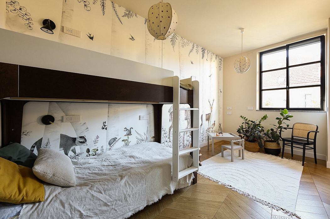 A cozy bedroom with a dark wood bunk bed, nature-inspired wall decor, and minimalist furnishings.