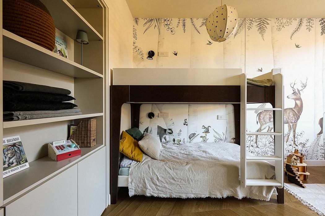 Cozy bedroom with built-in bunk bed, shelving, and whimsical mural wallpaper.