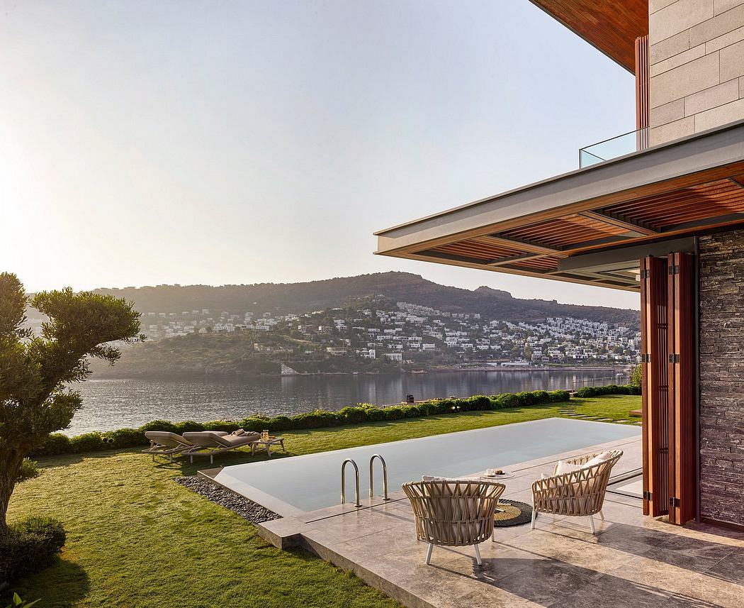 Scenic lakeside retreat with modern wooden and stone architectural details.