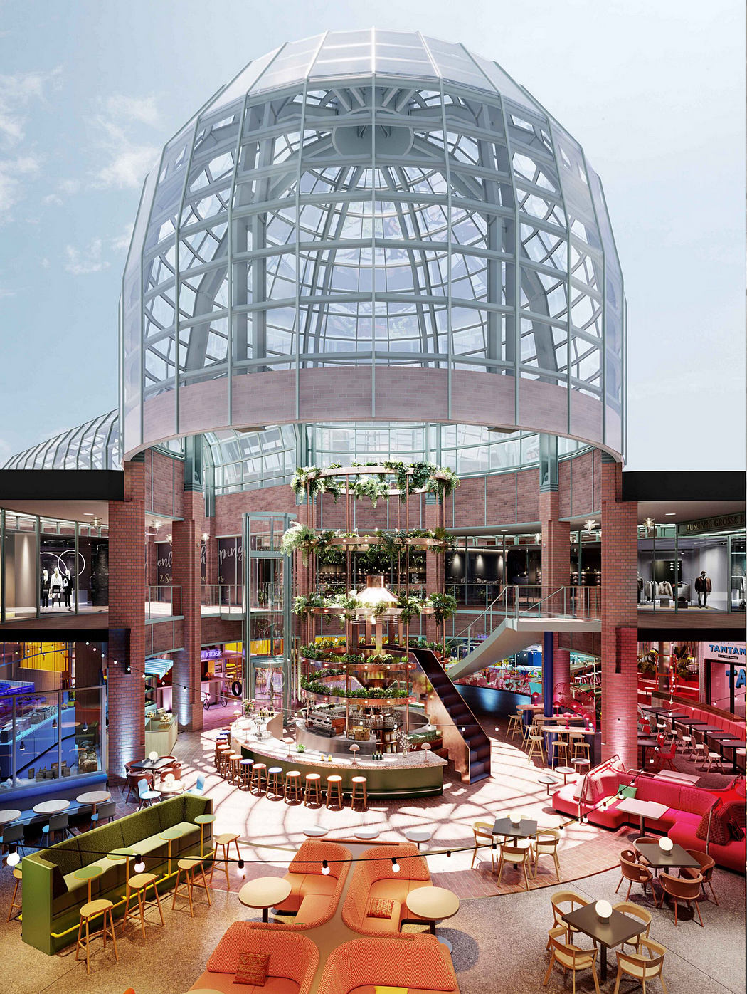 Stunning glass-domed atrium with vibrant, modern interior design elements.