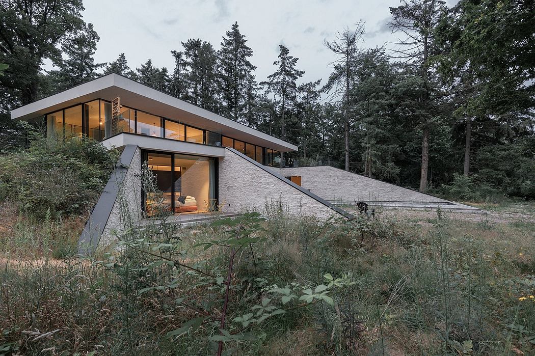 A modern, two-story home nestled in a wooded setting, with large windows and a sleek design.