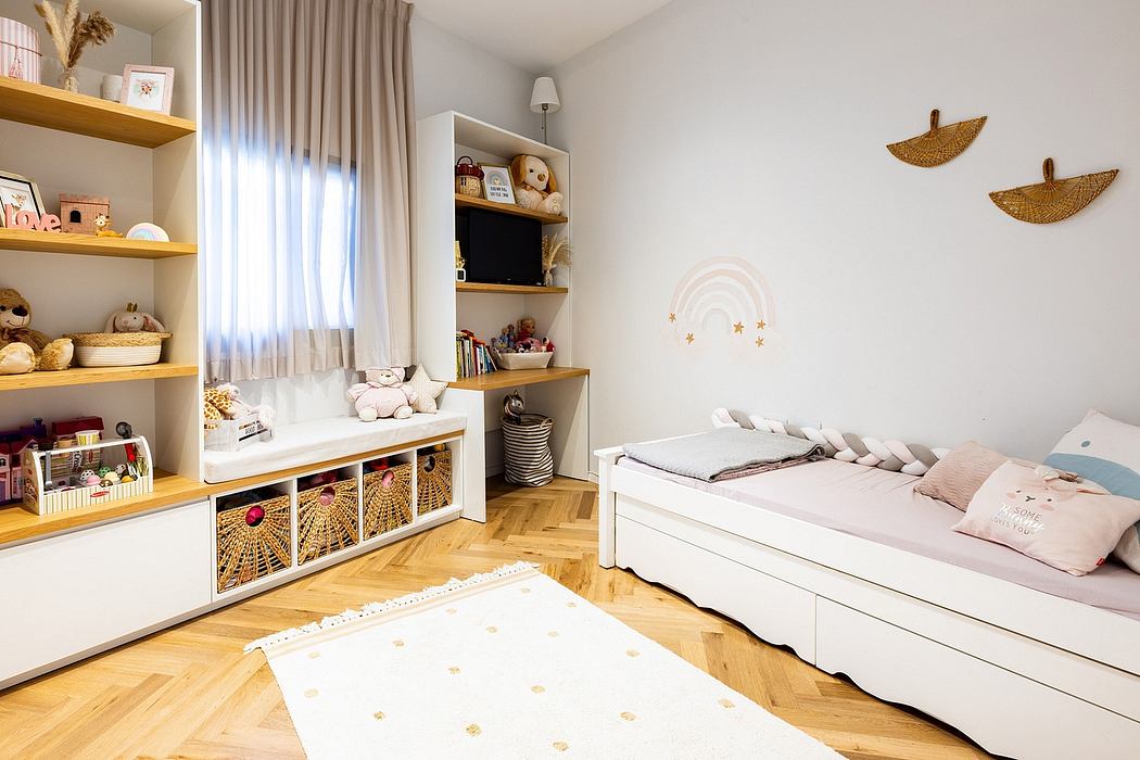 Cozy kids' room with shelves, baskets, and decorative elements creating a welcoming space.