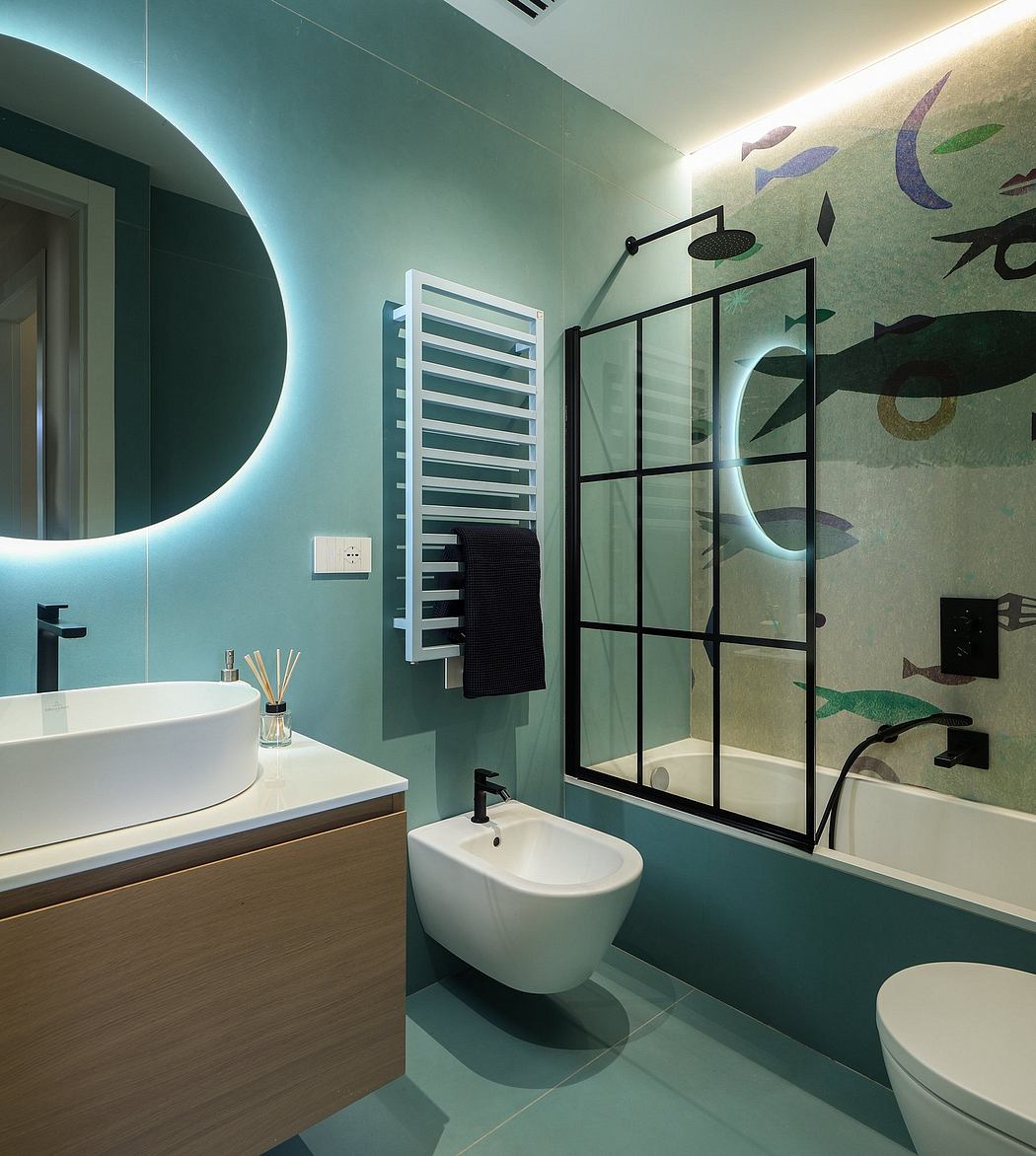 Modern bathroom with sleek black fixtures, illuminated mirror, and abstract wall mural.