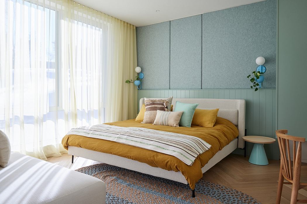 Modern, cozy bedroom with minimalist design, warm color palette, and textured accents.