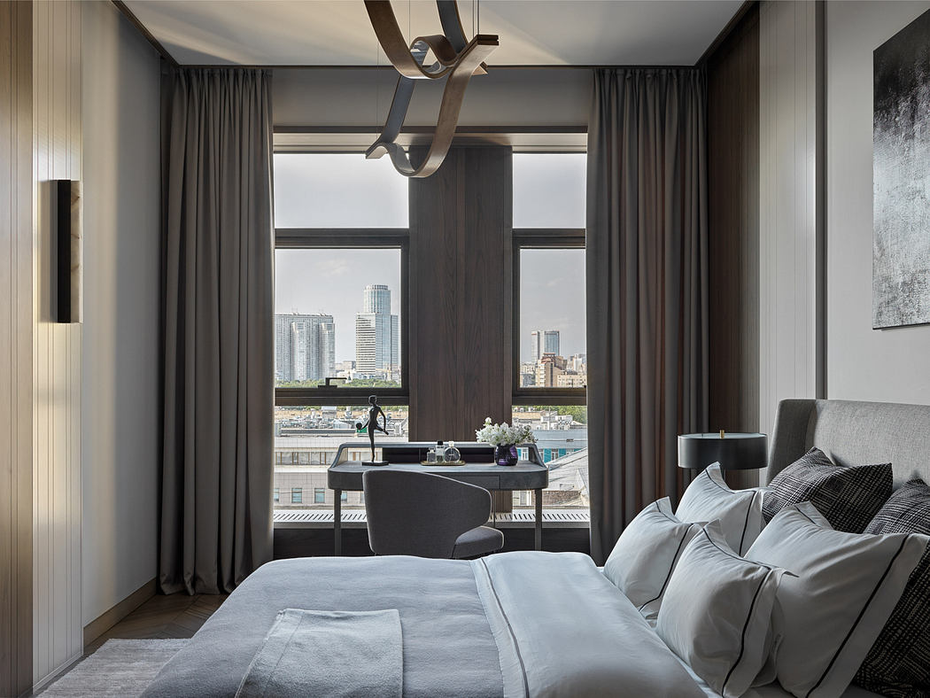 A modern, spacious bedroom with floor-to-ceiling windows overlooking a cityscape.