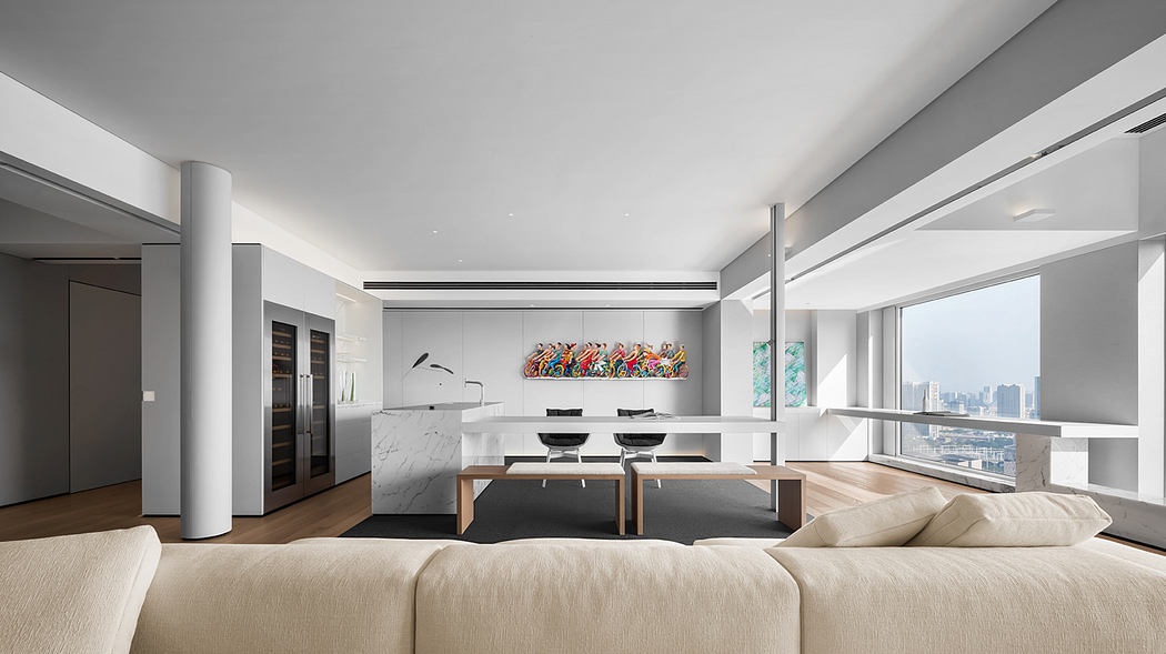 Sleek, modern apartment interior with minimalist furniture, large windows, and vibrant artwork.