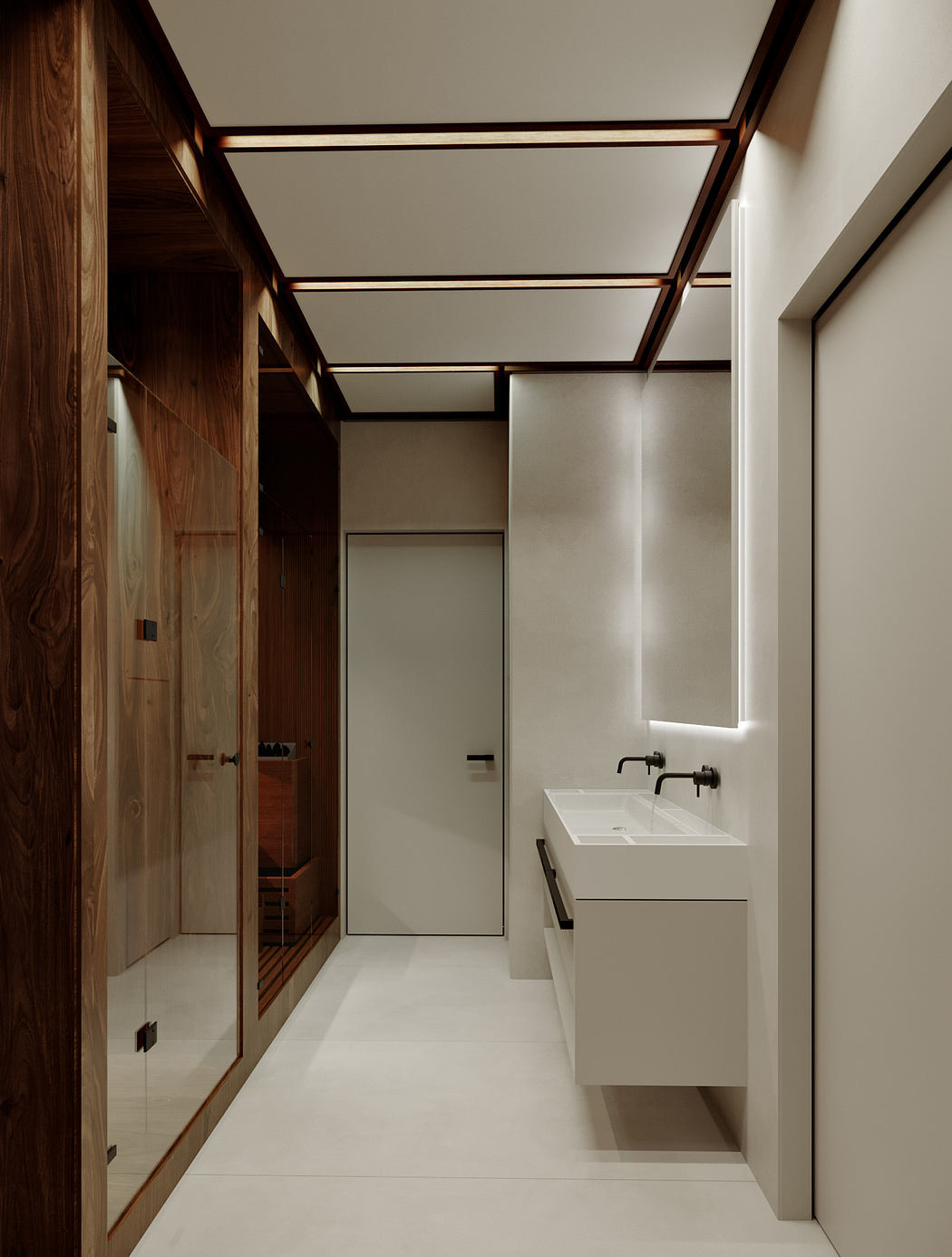 Minimalist bathroom with warm wood accents, sleek white vanity, and recessed lighting.