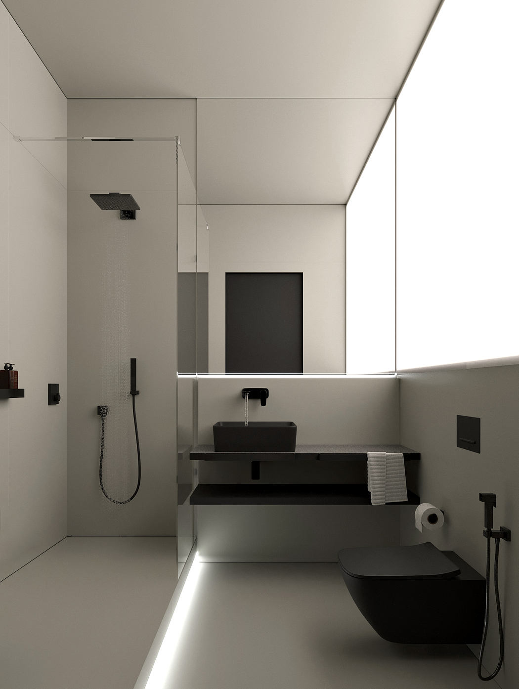 A minimalist bathroom design featuring a black vanity, shower, and toilet set against a neutral color palette.