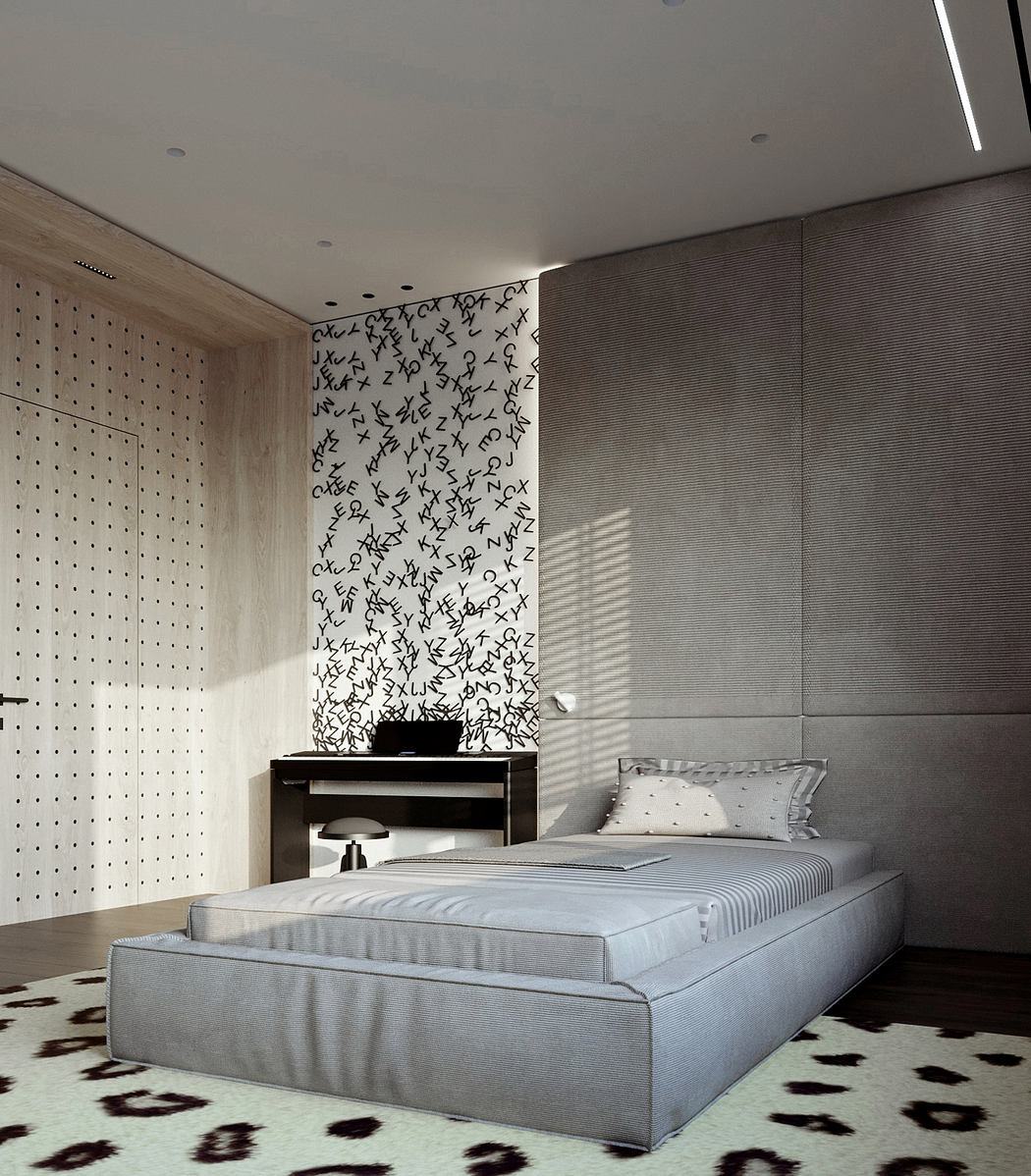 Modern minimalist bedroom with patterned accent wall, built-in storage, and cowhide rug.